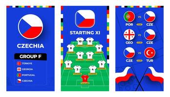 Czechia team football 2024 vertical banner set for social media. Football 2024 banner set with group, pin flag, match schedule and line-up on soccer field vector