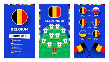 Belgium team football 2024 vertical banner set for social media. Football 2024 banner set with group, pin flag, match schedule and line-up on soccer field vector