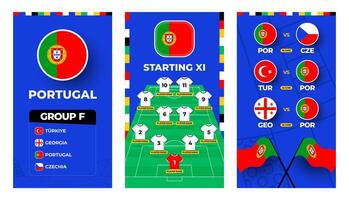 Portugal team football 2024 vertical banner set for social media. Football 2024 banner set with group, pin flag, match schedule and line-up on soccer field vector