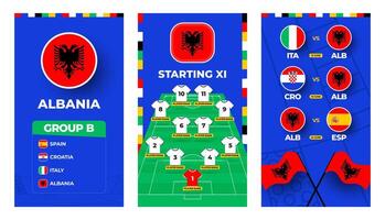 Albania team football 2024 vertical banner set for social media. Football 2024 banner set with group, pin flag, match schedule and line-up on soccer field vector