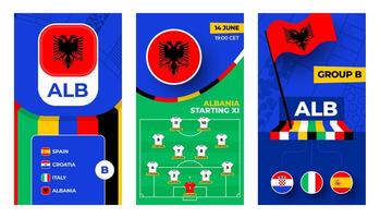 Albania Football team 2024 vertical banner set for social media. Football 2024 banner with group, pin flag, match schedule and line-up on soccer field vector