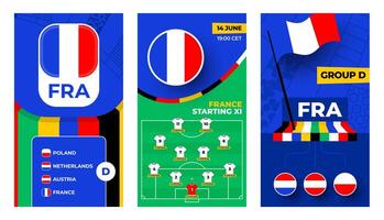 France Football team 2024 vertical banner set for social media. Football 2024 banner with group, pin flag, match schedule and line-up on soccer field vector