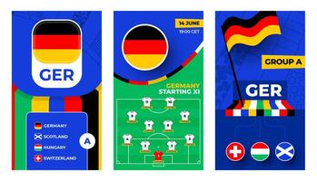 Germany Football team 2024 vertical banner set for social media. Football 2024 banner with group, pin flag, match schedule and line-up on soccer field vector