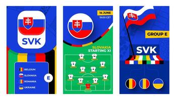 Slovakia Football team 2024 vertical banner set for social media. Football 2024 banner with group, pin flag, match schedule and line-up on soccer field vector