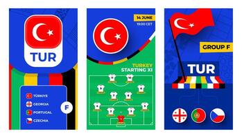 Turquía fútbol americano equipo 2024 vertical bandera conjunto para social medios de comunicación. fútbol americano 2024 bandera con grupo, alfiler bandera, partido calendario y póngase en fila en fútbol campo vector