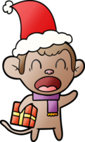shouting hand drawn gradient cartoon of a monkey carrying christmas gift wearing santa hat png