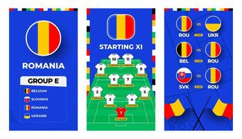 Romania team football 2024 vertical banner set for social media. Football 2024 banner set with group, pin flag, match schedule and line-up on soccer field vector