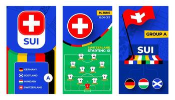 Switzerland Football team 2024 vertical banner set for social media. Football 2024 banner with group, pin flag, match schedule and line-up on soccer field vector