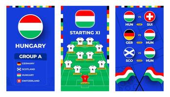 Hungary team football 2024 vertical banner set for social media. Football 2024 banner set with group, pin flag, match schedule and line-up on soccer field vector