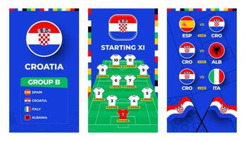 Croatia team football 2024 vertical banner set for social media. Football 2024 banner set with group, pin flag, match schedule and line-up on soccer field vector