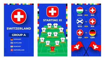 Switzerland team football 2024 vertical banner set for social media. Football 2024 banner set with group, pin flag, match schedule and line-up on soccer field vector
