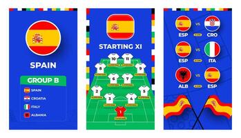 Spain team football 2024 vertical banner set for social media. Football 2024 banner set with group, pin flag, match schedule and line-up on soccer field vector