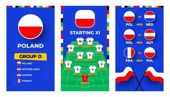 Poland team football 2024 vertical banner set for social media. Football 2024 banner set with group, pin flag, match schedule and line-up on soccer field vector