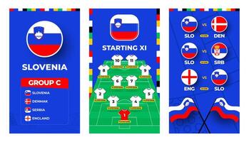 Slovenia team football 2024 vertical banner set for social media. Football 2024 banner set with group, pin flag, match schedule and line-up on soccer field vector