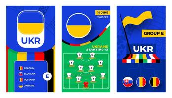 Ukraine Football team 2024 vertical banner set for social media. Football 2024 banner with group, pin flag, match schedule and line-up on soccer field vector