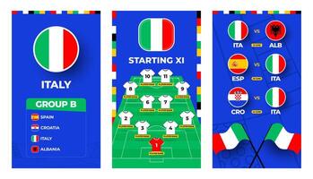 Italy team football 2024 vertical banner set for social media. Football 2024 banner set with group, pin flag, match schedule and line-up on soccer field vector
