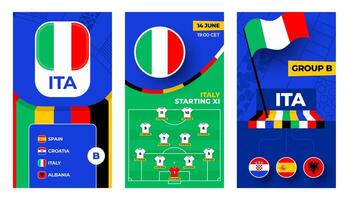 Italy Football team 2024 vertical banner set for social media. Football 2024 banner with group, pin flag, match schedule and line-up on soccer field vector