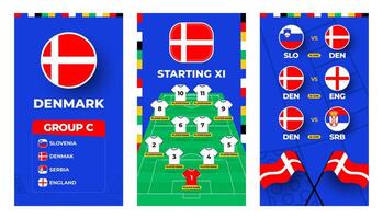 Denmark team football 2024 vertical banner set for social media. Football 2024 banner set with group, pin flag, match schedule and line-up on soccer field vector