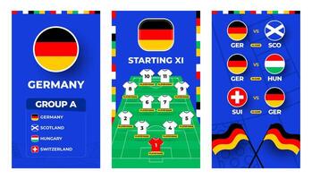 Germany team football 2024 vertical banner set for social media. Football 2024 banner set with group, pin flag, match schedule and line-up on soccer field vector