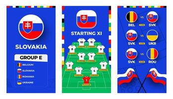 Slovakia team football 2024 vertical banner set for social media. Football 2024 banner set with group, pin flag, match schedule and line-up on soccer field vector