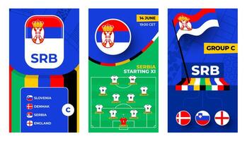 Serbia Football team 2024 vertical banner set for social media. Football 2024 banner with group, pin flag, match schedule and line-up on soccer field vector