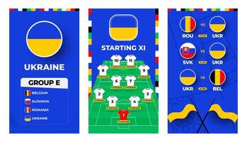 Ukraine team football 2024 vertical banner set for social media. Football 2024 banner set with group, pin flag, match schedule and line-up on soccer field vector