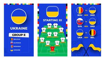 Ukraine team football 2024 vertical banner set for social media. Football 2024 banner set with group, pin flag, match schedule and line-up on soccer field vector