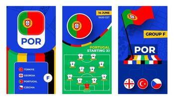 Portugal Football team 2024 vertical banner set for social media. Football 2024 banner with group, pin flag, match schedule and line-up on soccer field vector