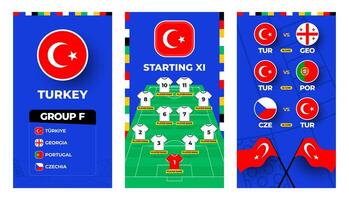 Turkey team football 2024 vertical banner set for social media. Football 2024 banner set with group, pin flag, match schedule and line-up on soccer field vector