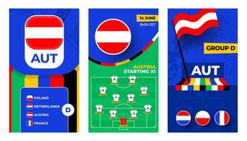 Austria Football team 2024 vertical banner set for social media. Football 2024 banner with group, pin flag, match schedule and line-up on soccer field vector