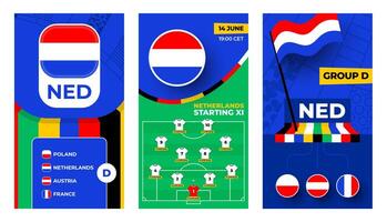 Netherlands Football team 2024 vertical banner set for social media. Football 2024 banner with group, pin flag, match schedule and line-up on soccer field vector