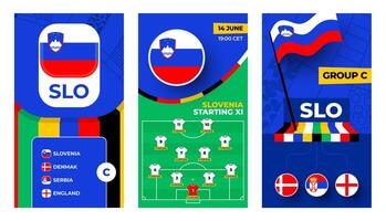 Slovenia Football team 2024 vertical banner set for social media. Football 2024 banner with group, pin flag, match schedule and line-up on soccer field vector