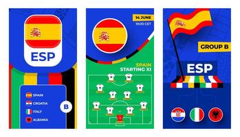 Spain Football team 2024 vertical banner set for social media. Football 2024 banner with group, pin flag, match schedule and line-up on soccer field vector