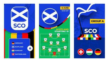 Scotland Football team 2024 vertical banner set for social media. Football 2024 banner with group, pin flag, match schedule and line-up on soccer field vector