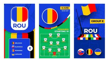 Romania Football team 2024 vertical banner set for social media. Football 2024 banner with group, pin flag, match schedule and line-up on soccer field vector