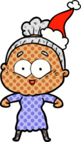 hand drawn comic book style illustration of a happy old woman wearing santa hat png