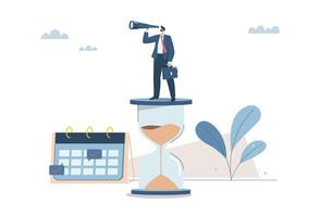 Business man using binoculars to searching for time management, Effective organization of work time, Search for successful time allocation, Work planning, time control, illustration. vector