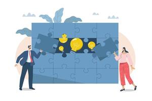 Collaborative problem solving, Business people working together to complete a jigsaw puzzle, Coming together to generate good ideas, Team brainstorming together. design illustration. vector