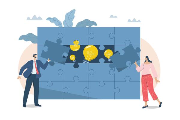 Collaborative problem solving, Business people working together to complete a jigsaw puzzle, Coming together to generate good ideas, Team brainstorming together. design illustration.