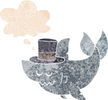 dibujos animados tiburón vistiendo parte superior sombrero con pensamiento burbuja en grunge afligido retro texturizado estilo png