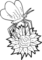 hand drawn black and white cartoon butterfly on flower png