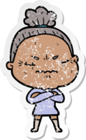 distressed sticker of a cartoon annoyed old lady png