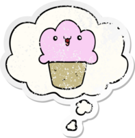 cartoon cupcake with face with thought bubble as a distressed worn sticker png