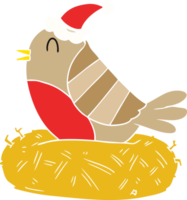 mano disegnato piatto colore illustrazione di un' uccello seduta su nido indossare Santa cappello png