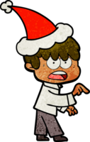 bezorgd hand- getrokken getextureerde tekenfilm van een jongen vervelend de kerstman hoed png