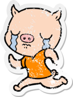 distressed sticker of a cartoon pig crying running away png