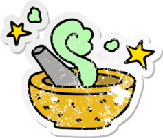 distressed sticker of a quirky hand drawn cartoon magic pestle and mortar png