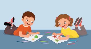 Cute little kids drawing painting together lying on the floor vector