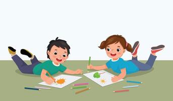 Happy little kids drawing painting together lying on the floor vector