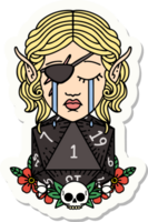 sticker of a crying elf rogue character face with natural one D20 roll png